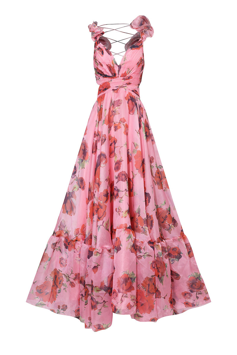 Ruffle Lace Up Backless Floral Print Vacation Maxi Dresses-Pink