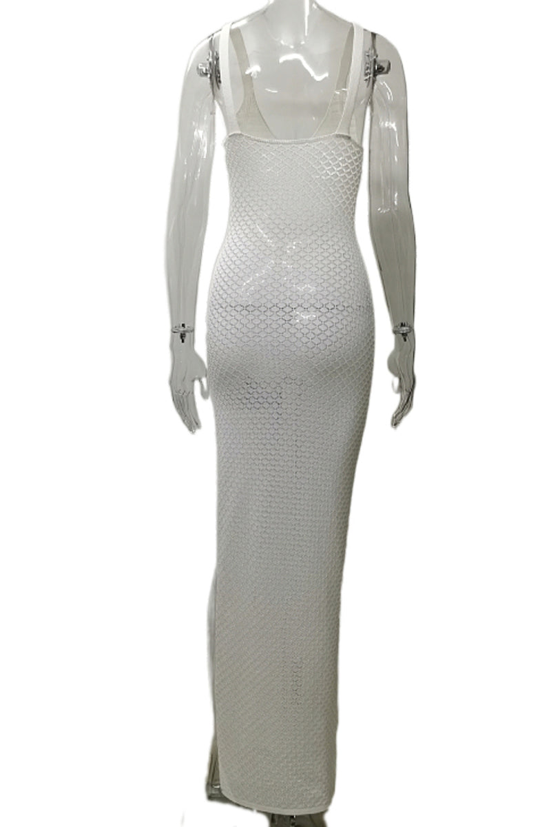 Crochet Irregular Neck Cami Hollow Out High Slit White Cover Up Maxi Dresses