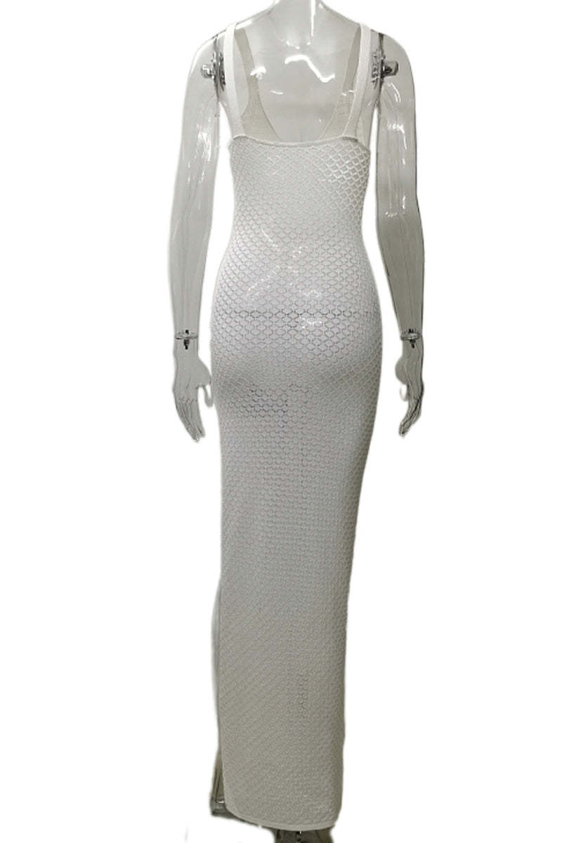 Crochet Irregular Neck Cami Hollow Out High Slit White Cover Up Maxi Dresses