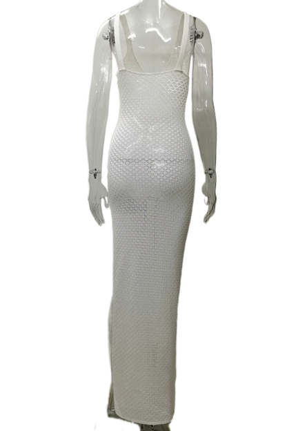 Crochet Irregular Neck Cami Hollow Out High Slit White Cover Up Maxi Dresses