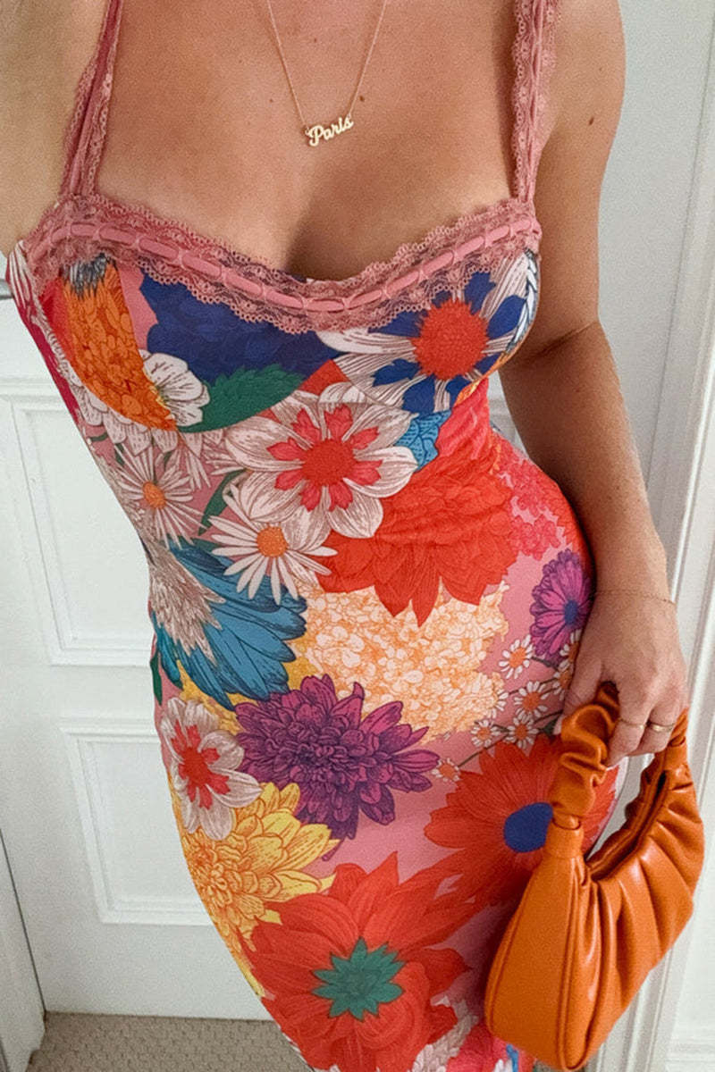 Guipure Lace Floral Print Vacation Maxi Slip Dresses-Orange