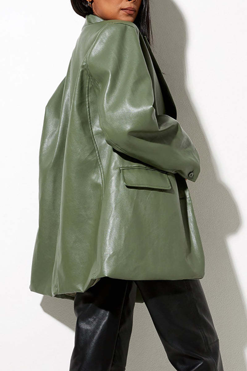 Faux Leather Casual Long Sleeve Blazer Coat