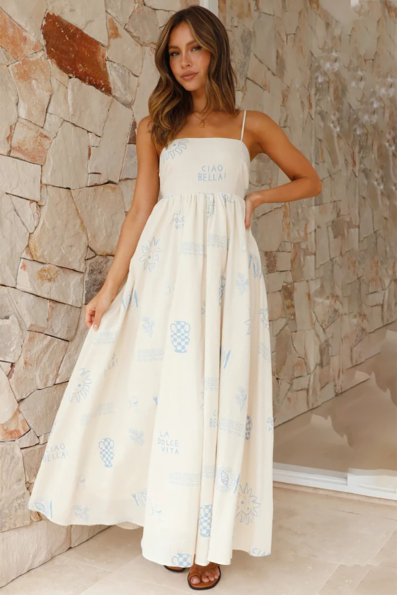 Floral Print Boat Neck Spaghetti Strap A-Line Backless Vacation Maxi Dresses-Pink