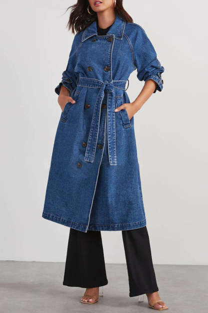 Turndown Collar Long Sleeve Double-Breasted Tie Up Denim Trench Coat-Blue