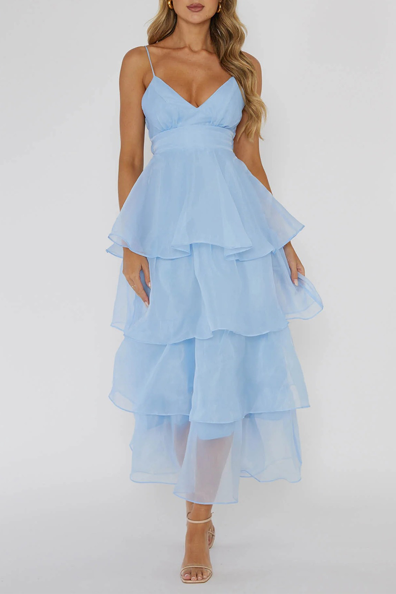 V Neck Cinch Waist Tulle Tiered Hem Backless Midi Slip Dresses-White