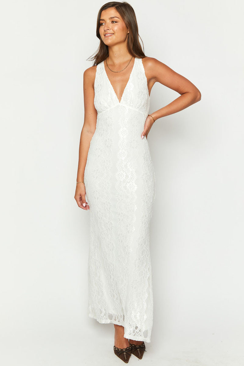 V Neck Open Back Slim Fit Lace Elegant Maxi Dresses-White Pre Order