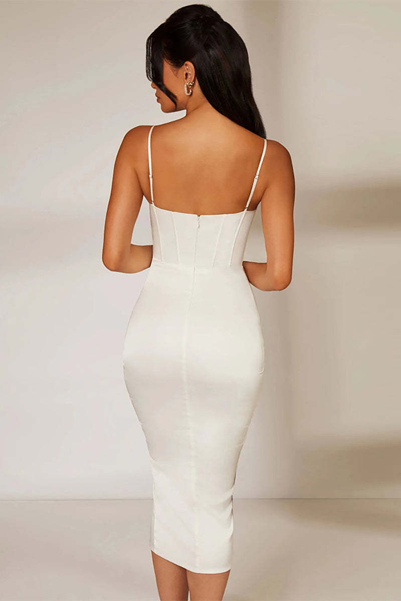 White Cami V Neck Ruched Corset Wrapped Pleated Bodycon Satin Evening Gown Midi Dresses