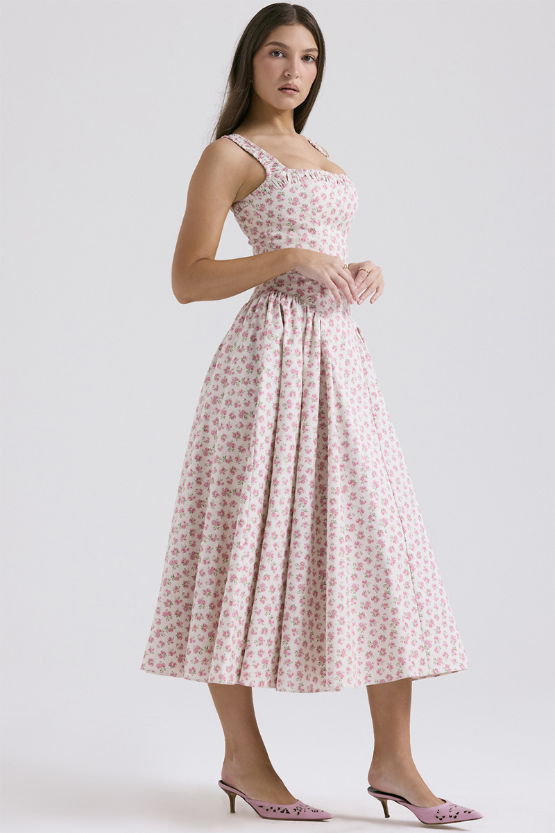 Wide Strap Square Neck Cinch Waist Ditsy Floral Print Midi Dresses-Pink