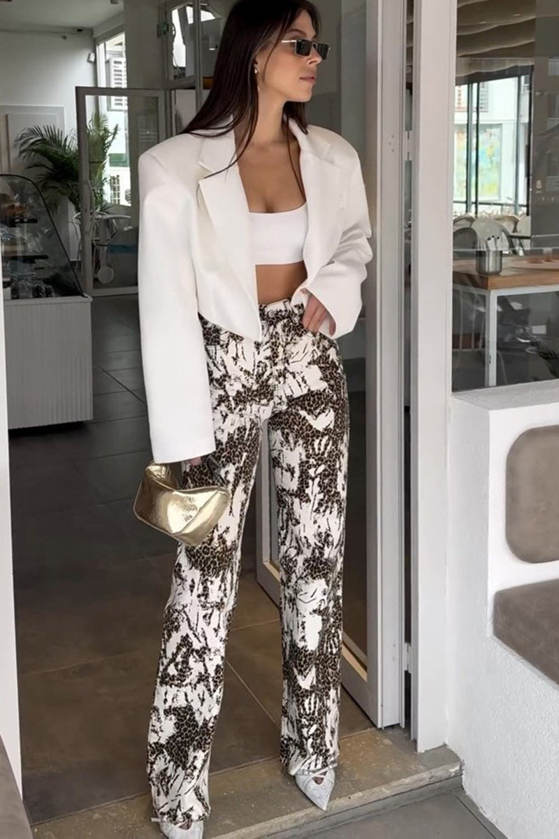 Leopard Print Pocket High Waist Straight-Leg Pants-White