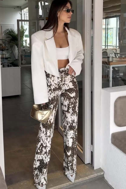 Leopard Print Pocket High Waist Straight-Leg Pants-White