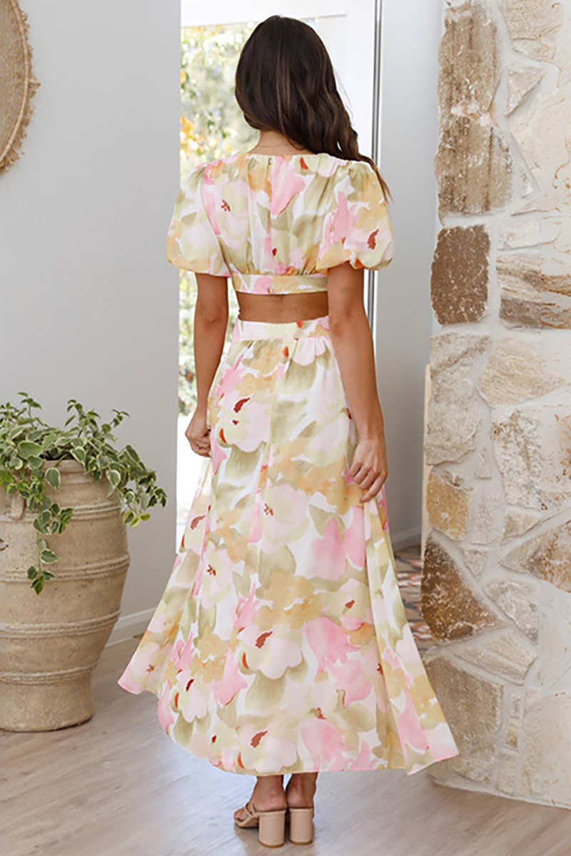 Floral Print V Neck Puff Sleeve Backless A-Line Maxi Dresses-Green