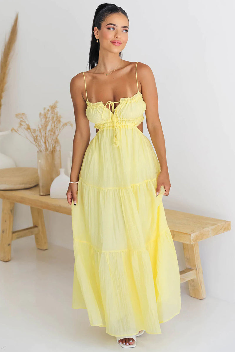 Tied Up Backless Ruched Tiered Pleated Slip Maxi Dress