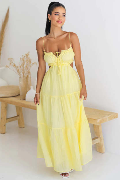 Tied Up Backless Ruched Tiered Pleated Slip Maxi Dress
