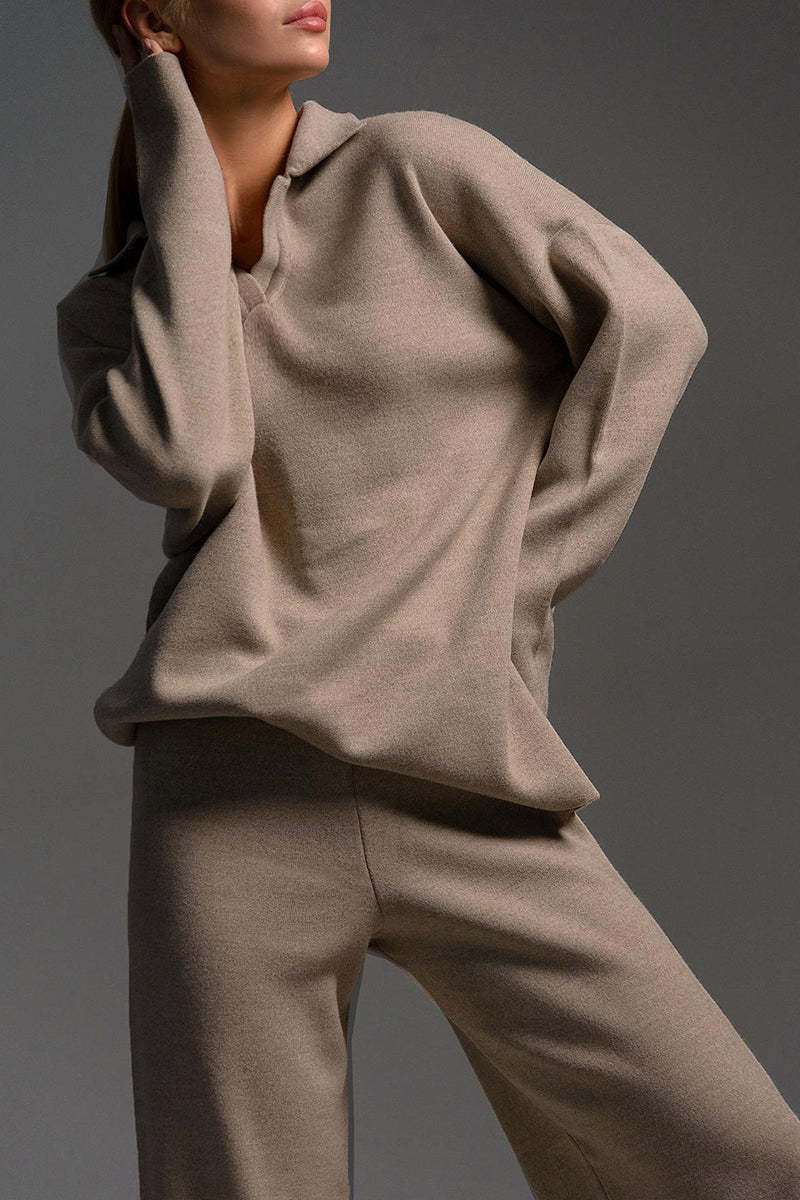 Knit Turndown Collar Sweater Plain Wide Leg Pants Matching Set-Beige