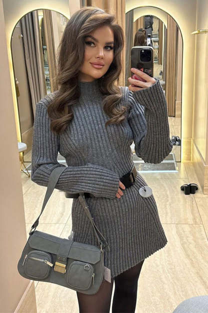 Pleated Knit Mock Neck Long Sleeve A-Line Slim Fit Sweater Mini Dresses-White