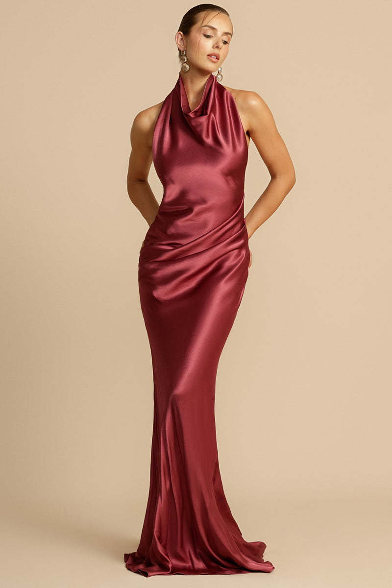 Halter Cowl Neck Backless Gown Party Maxi Dresses-Burgundy