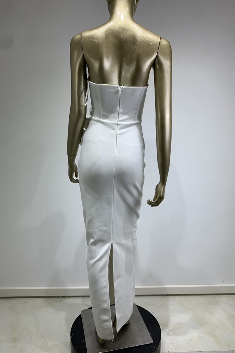 Strapless Corset 3D Flowers Decor Bodycon Gowns Maxi Dresses-White