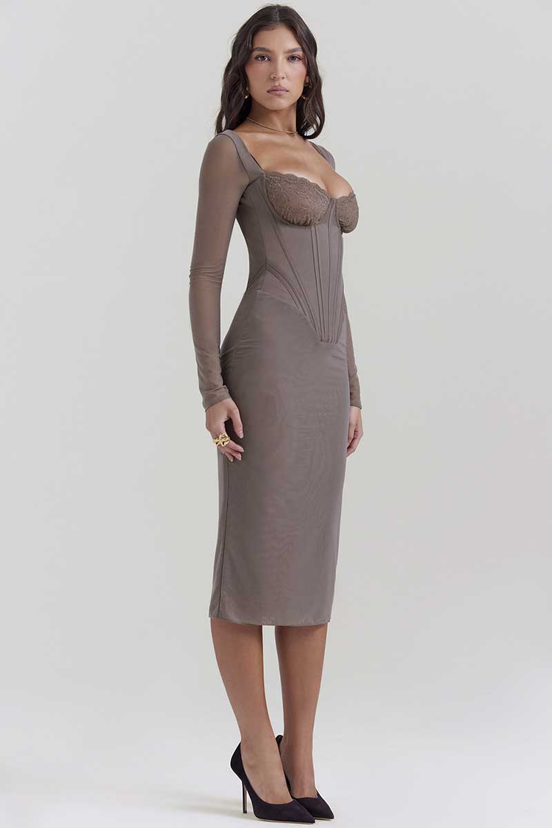 Square Neck Long Sleeve Embroidery Corset Bodycon Midi Dresses-Gray
