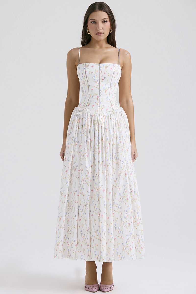Ditsy Floral Print Boat Neck Corset Slip Midi Dresses-White