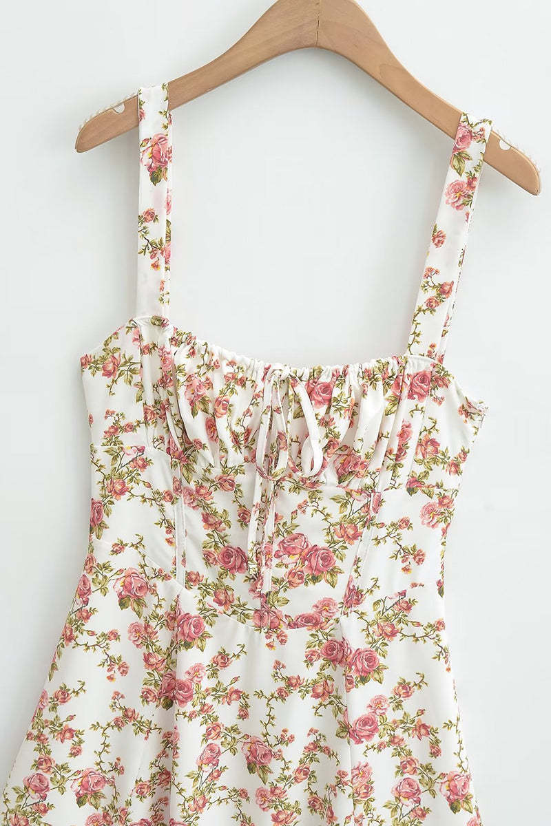 Tied Up Lace Up Floral Print Slit A-Line Vacation Slip Midi Dress