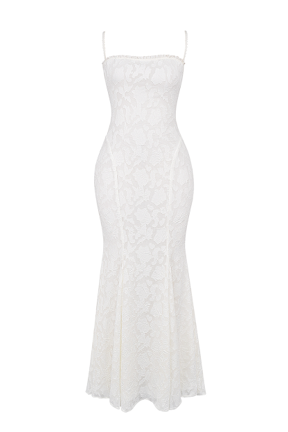 Jacquard Lace Back Lace Up Fishtail Hem Slip Maxi Dresses-White