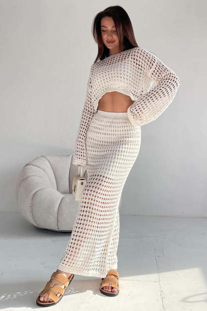 Hollow Out Long Sleeve Crop Top Maxi Skirt Plain Matching Set-Beige