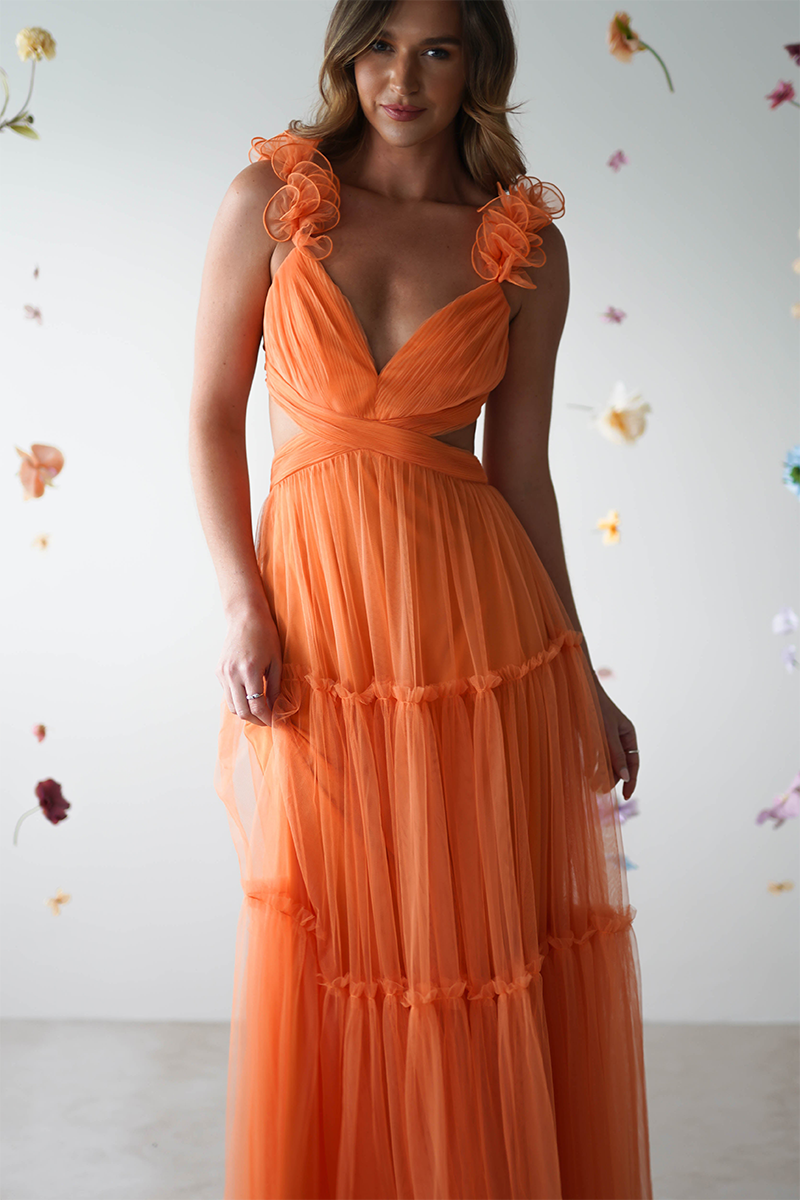 Petal Straps Deep V Neck Backless Tulle Gowns Maxi Dresses-Orange Pre Order