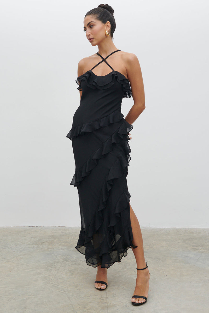 Cross Cami Asymmetric Ruffle Birthday Party Maxi Dresses-Black Pre Order