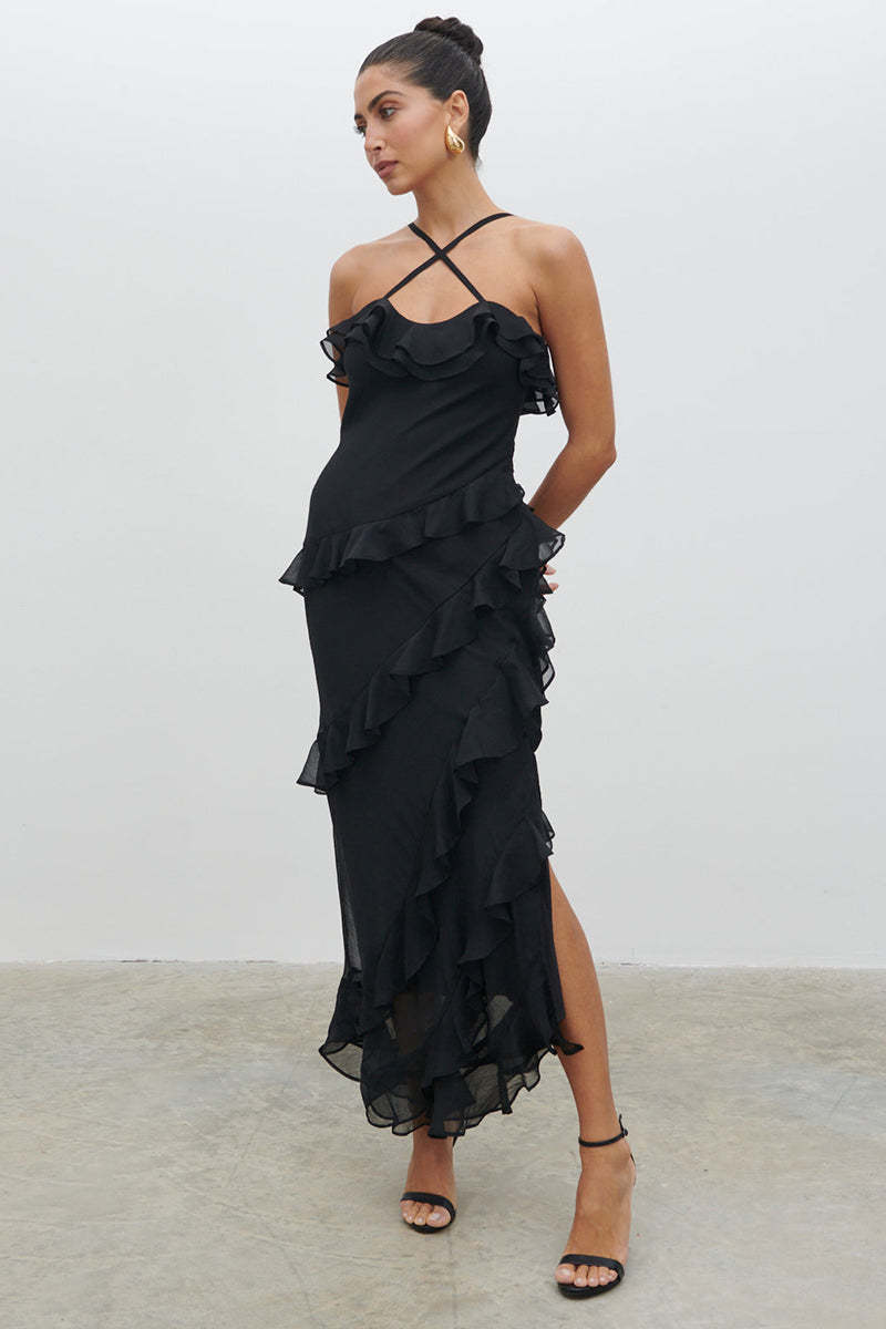 Cross Cami Asymmetric Ruffle Birthday Party Maxi Dresses-Black Pre Order