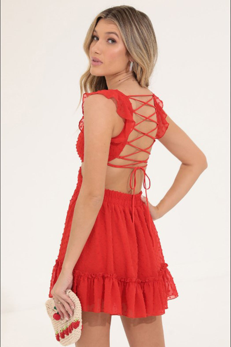 Cut Out Back Lace Up Ruffle Sleeveless Party Mini Dresses-Black