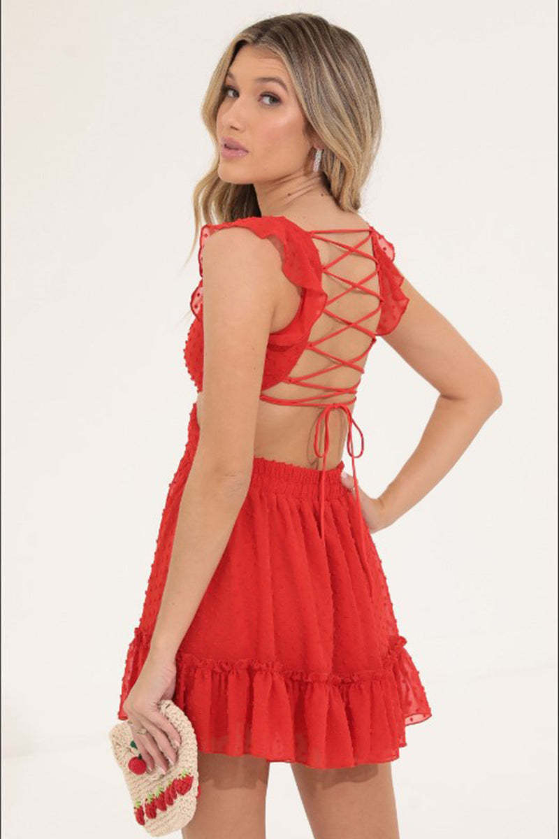 Cut Out Back Lace Up Ruffle Sleeveless Party Mini Dresses-Black