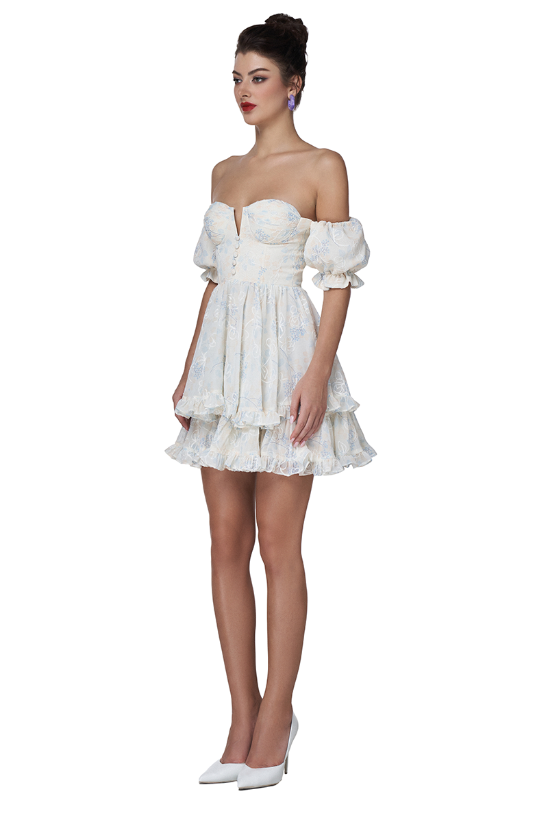 Off Shoulder Puff Sleeve Button Layered Floral Mini Dresses-Beige