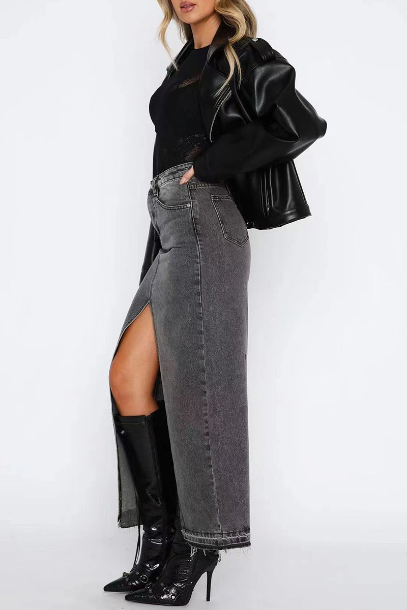 Denim Bodycon Slit Front Pocket Maxi Skirt-Blue