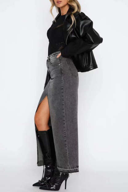 Denim Bodycon Slit Front Pocket Maxi Skirt-Blue