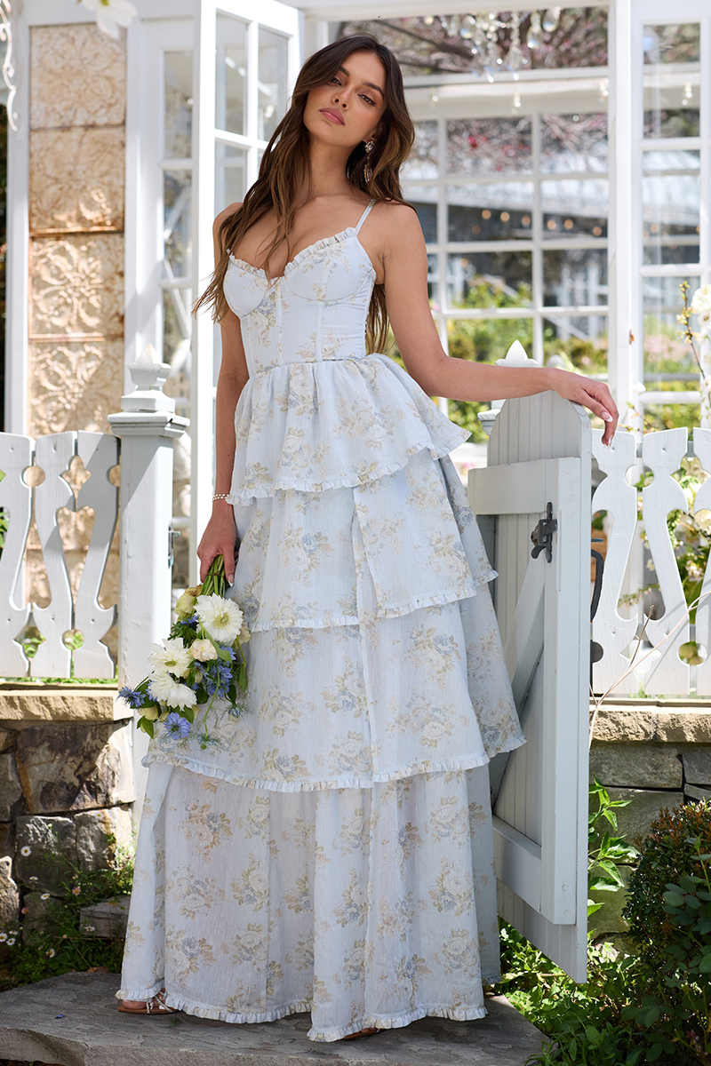 Floral Print Cami Corset Slit Tiered Hem Gowns Maxi Dresses-Blue