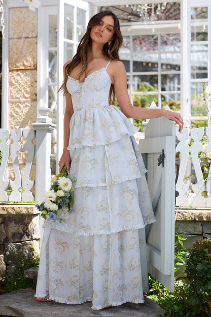 Floral Print Cami Corset Slit Tiered Hem Gowns Maxi Dresses-Blue