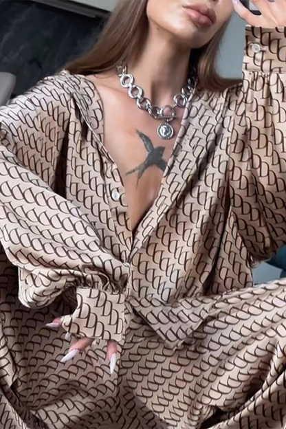 Graphic Print Long Sleeve Blouse Wide Leg Pants Matching Set-Black