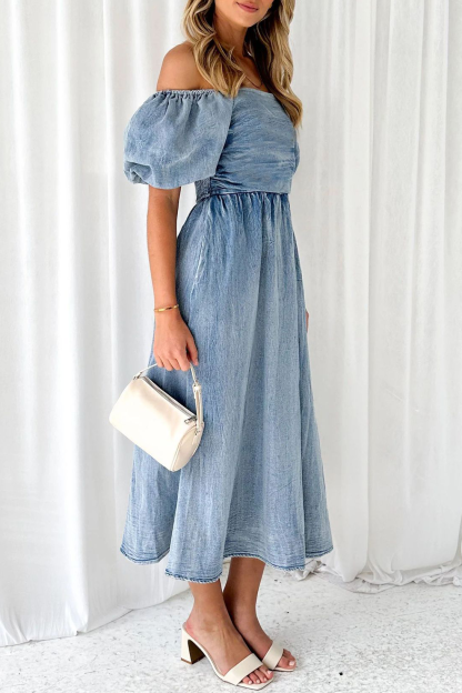 Off Shoulder Puff Sleeve A-Line Denim Elegant Midi Dresses-Blue