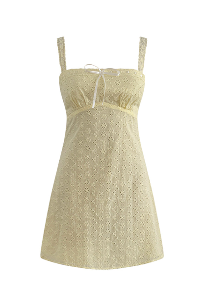 Bow Decor Broderie Anglaise Pattern Mini Slip Dresses-Yellow