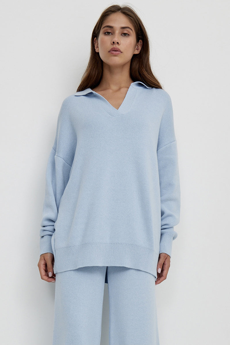 Knit Turndown Collar Sweater Plain Wide Leg Pants Matching Set-Beige