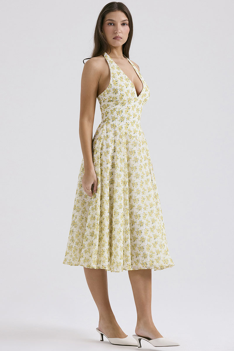 V Neck Halter Cinch Waist Floral Print Pleated Wedding Guest Midi Dresses-Yellow