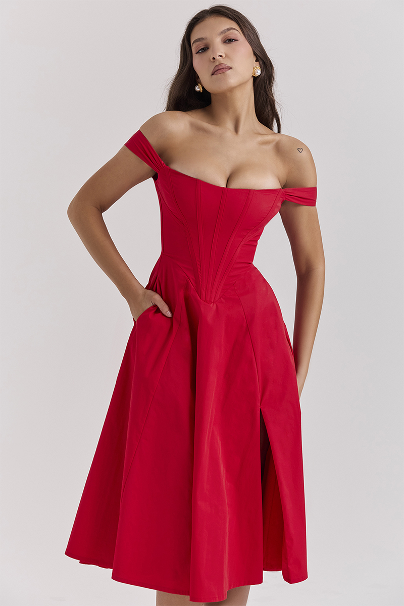 Dropped Shoulder Corset A-Line Slit Solid Color Midi Dresses-Red