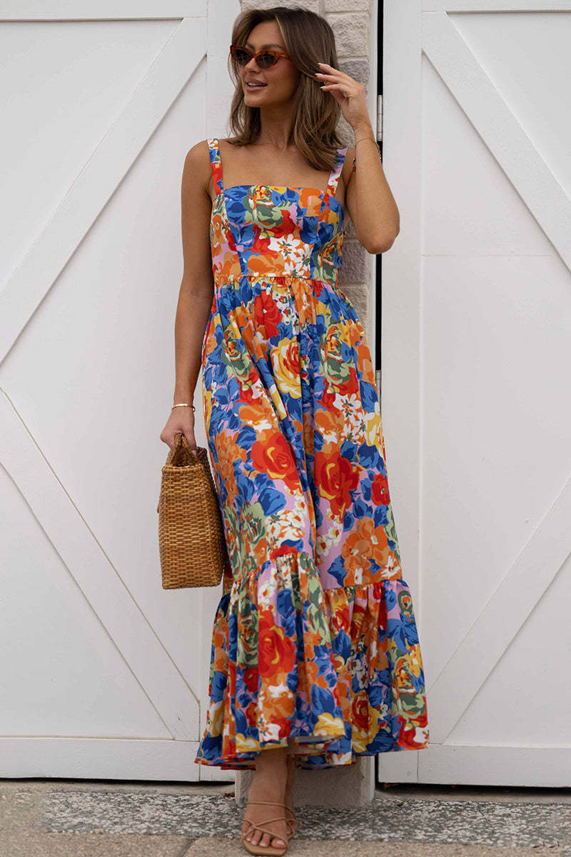 Square Neck Sleeveless Floral Print Pleated Vacation Maxi Dresses