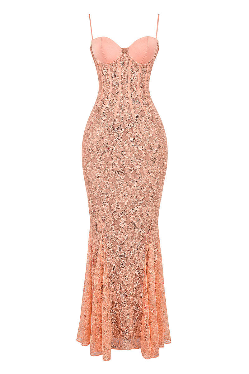 Floral Guipure Lace Corset Party Fishtail Maxi Slip Dresses-Coral