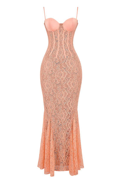 Floral Guipure Lace Corset Party Fishtail Maxi Slip Dresses-Coral