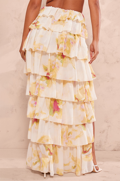 Ruffled Straps Crop Top Slit Tiered Maxi Skirt Matching Set-Beige Pre Order