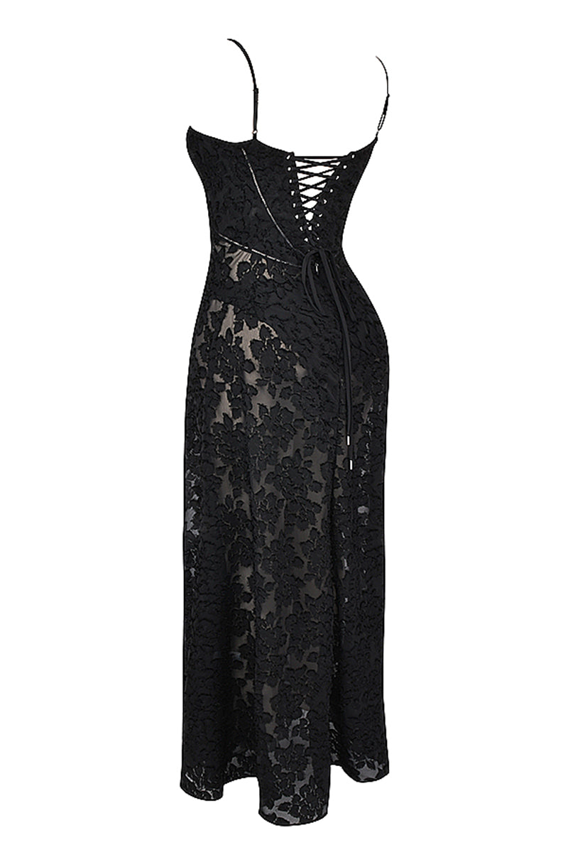 Floral Jacquard Lace Gothic Party Flowy Slip Maxi Dresses-Black