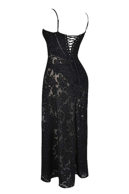 Floral Jacquard Lace Gothic Party Flowy Slip Maxi Dresses-Black