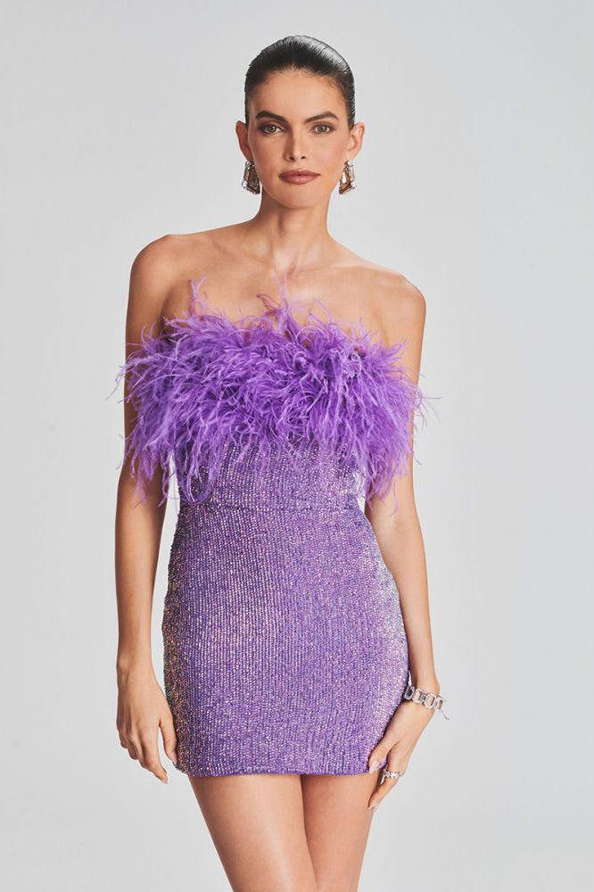 Sequin Strapless Feather Trim Bodycon Mini Party Dresses