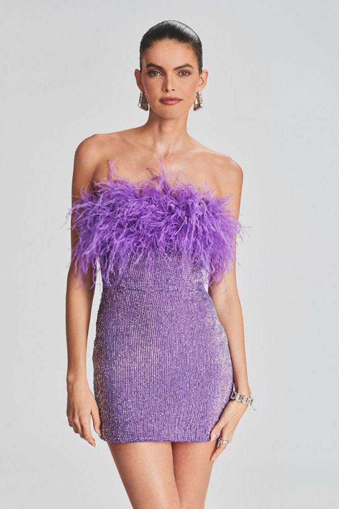 Sequin Strapless Feather Trim Bodycon Mini Party Dresses